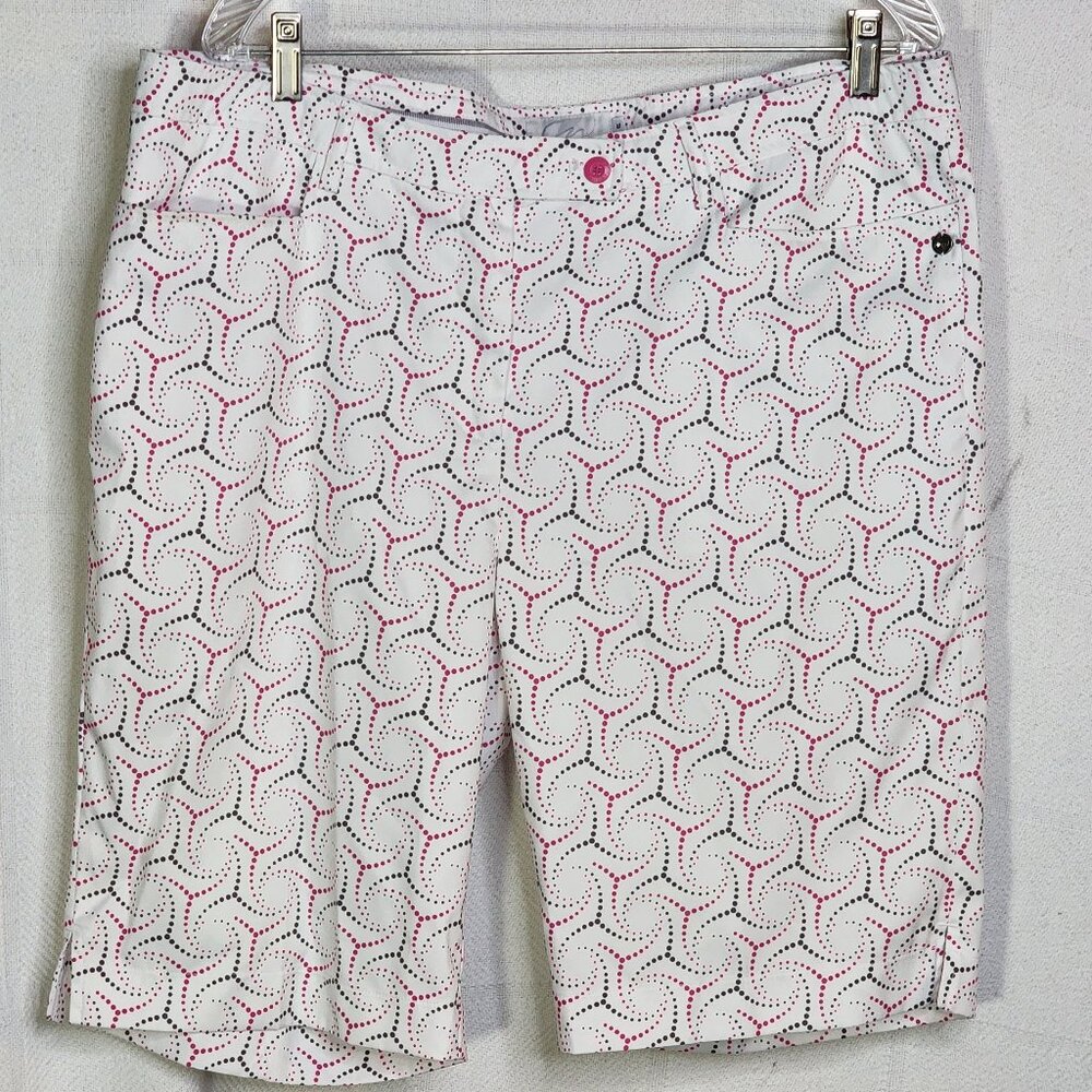 Cracked Wheat Gray White Pink Dot Pattern Poly Span Four Pocket Golf Short Sz 18